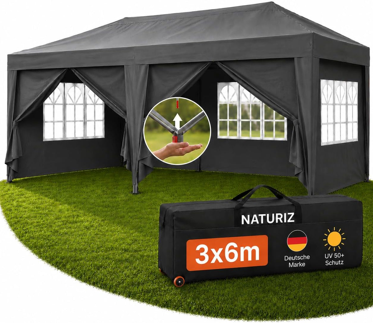 Naturiz, Pavillon, ® 3x6 Wasserdicht Stabil & UV 50+ Schutz - Falt mit, Camping, Märktestand & Partyzelt, Garten