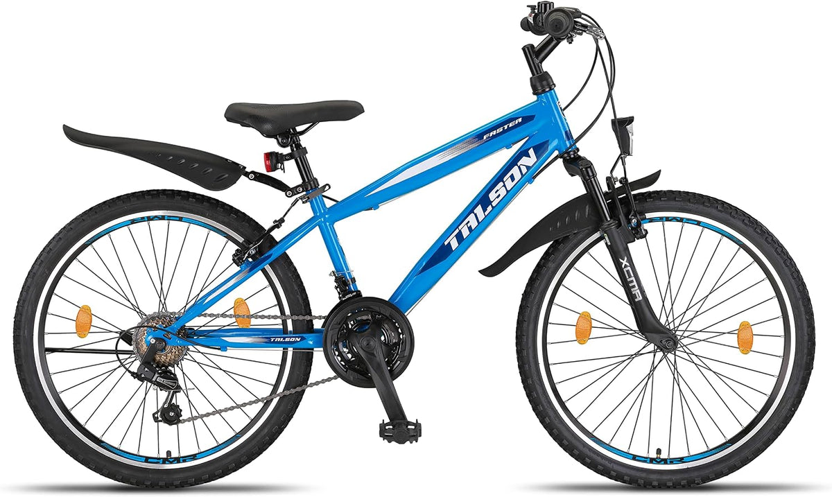 Talson, Mountainbike, 24 Zoll, Fahrrad mit 21-Gang Shimano, Gabelfederung & Beleuchtung Blau