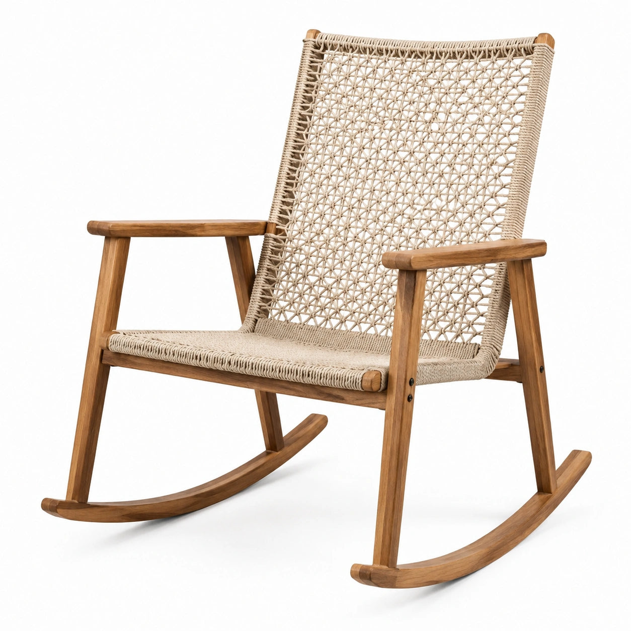 Teakholz Schaukelstuhl mit Polyestergarn Sitz Beige 80x60x90cm