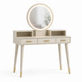 Schminktisch mit LED-Spiegel rund MDF-Holz beige Metallgriffe