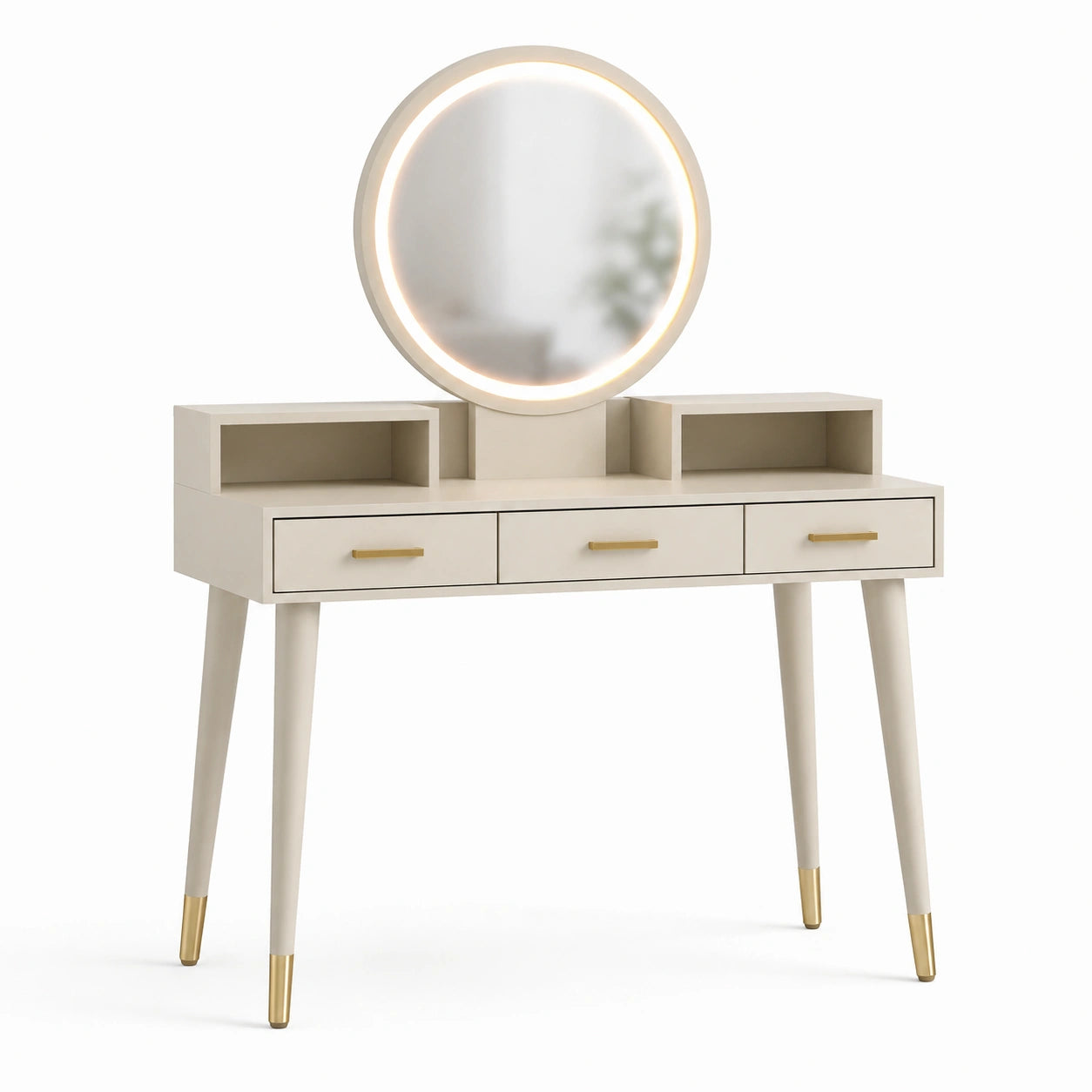 Schminktisch mit LED-Spiegel rund MDF-Holz beige Metallgriffe
