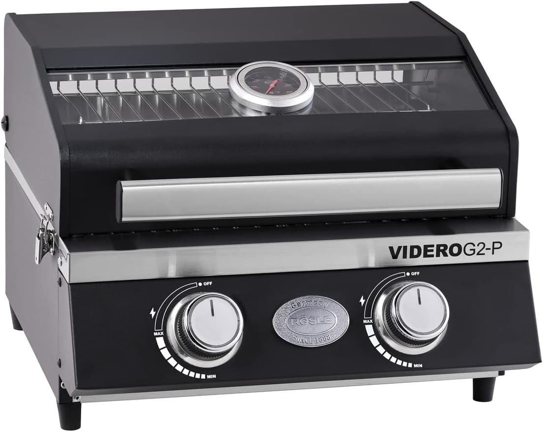 RÖSLE, Gasgrill, ca. 23 x 19 cm, Fläche ca. 437 cm², Gusseisen emailliert, BBQ-Portable VIDERO G2-P, tragbarer Tischgrill mit 2 Edelstahlbrennern