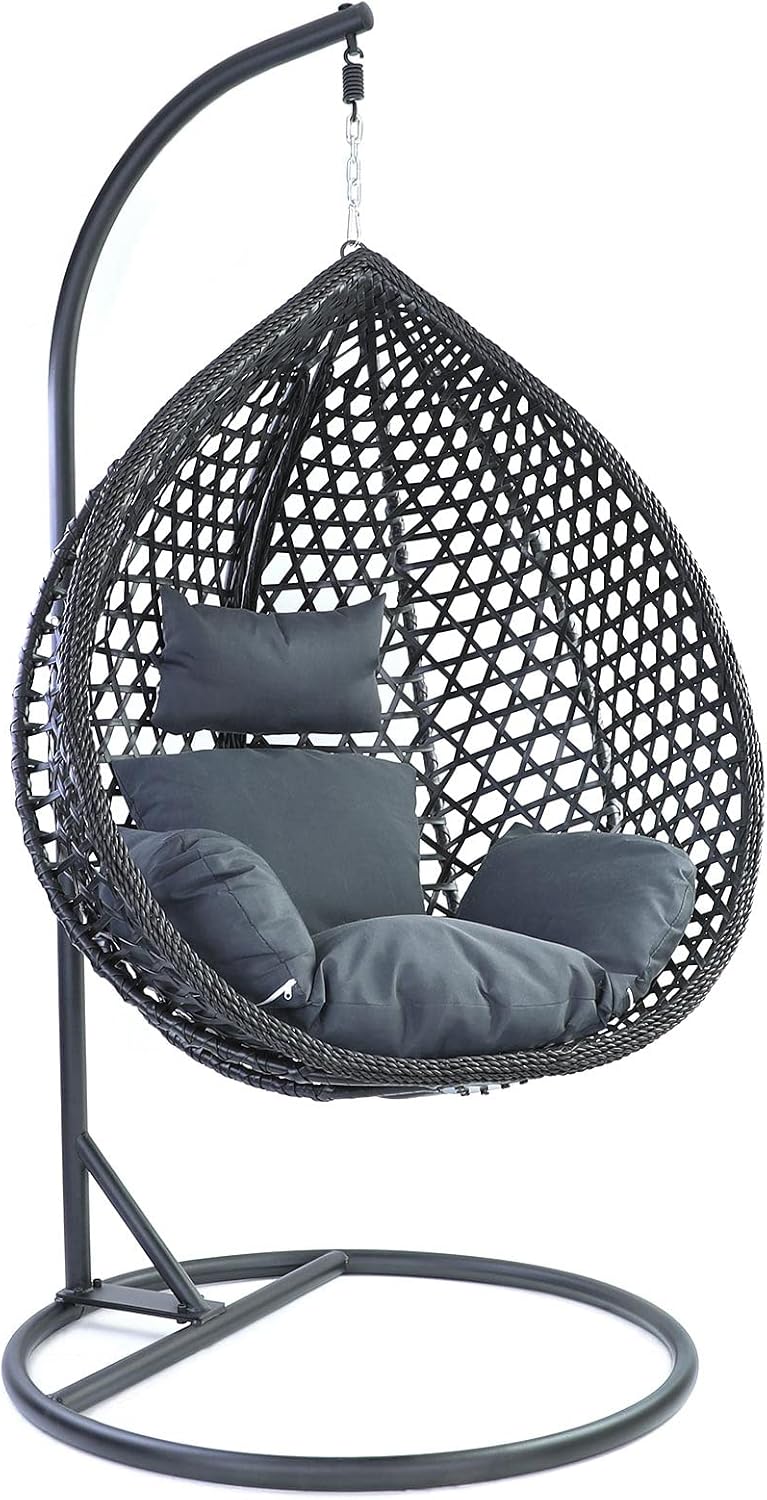 RAMROXX, Hängesessel, Luxus Style XXL Korb Gestell Schwarz mit Relaxkissen Grau