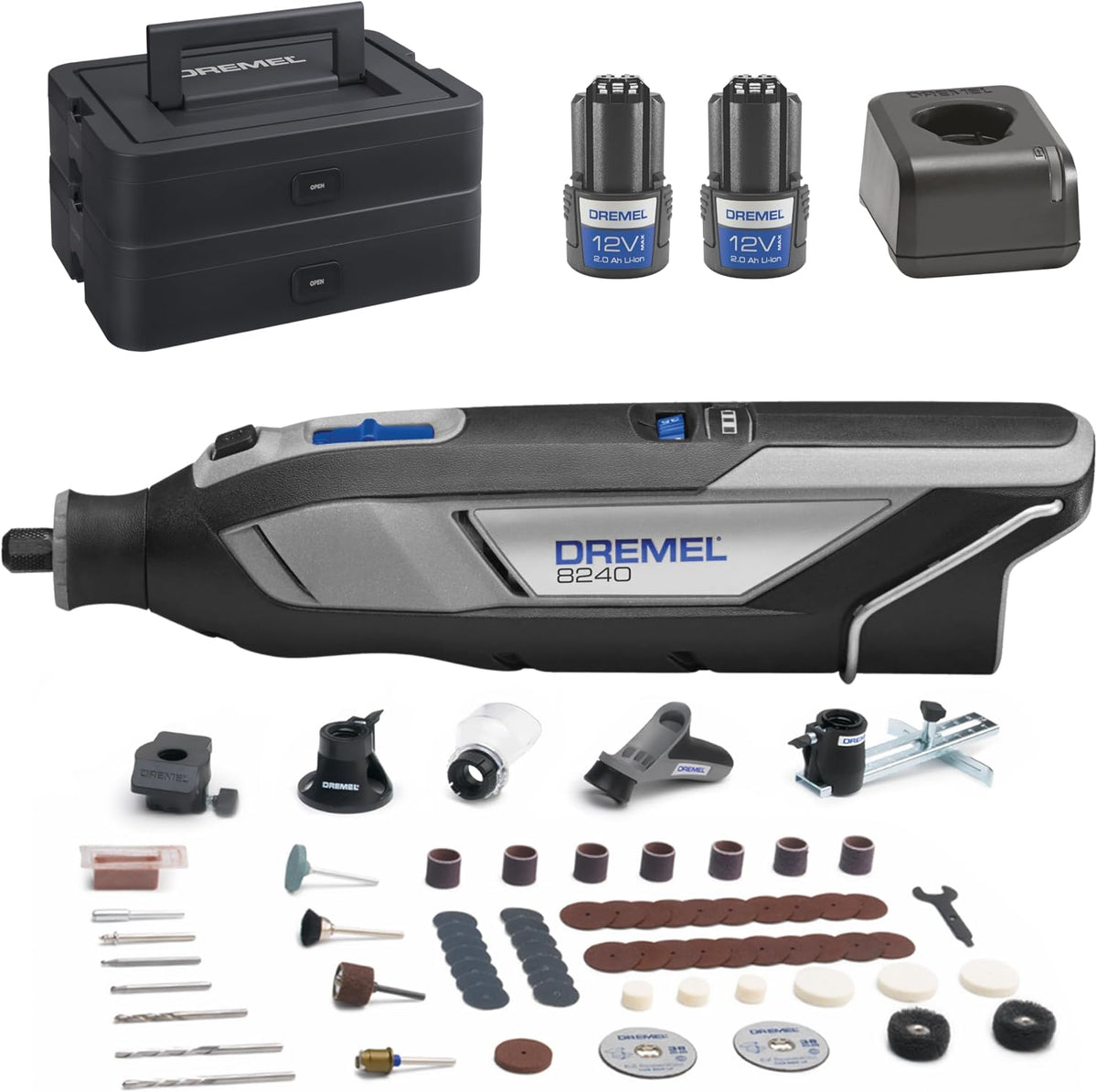 DREMEL, Multifunktionswerkzeuge, 12V, 2Ah, 8240 Akku-Multitool, Multifunktionswerkzeug Set mit 2 Akkus, 5 Auf-und Vorsätze