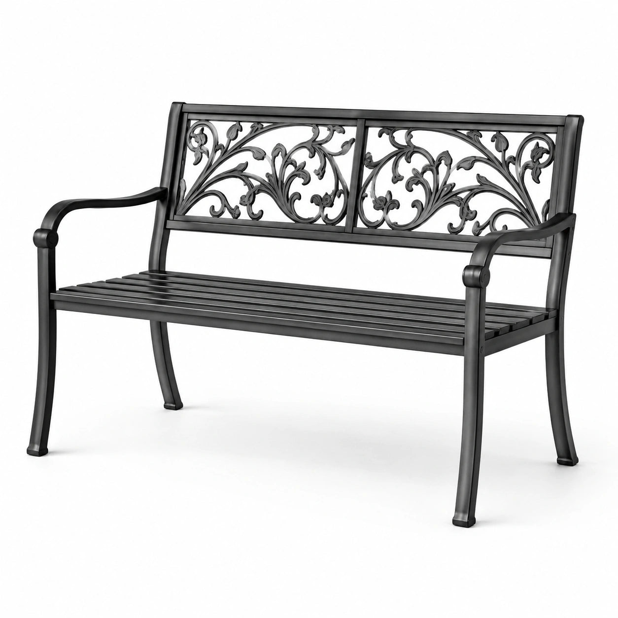 Schwarze Stahl-Gartenbank mit Ornamenten 128 cm