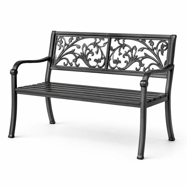 Schwarze Stahl-Gartenbank mit Ornamenten 128 cm