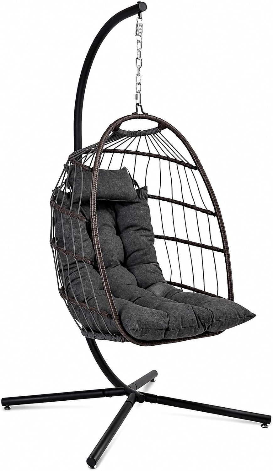 SereneLife, Relaxsessel, 250 kg, Hängesessel mit Gestell Outdoor, Wetterfest mit Kissen faltbar für Garten Balkon Indoor Grau
