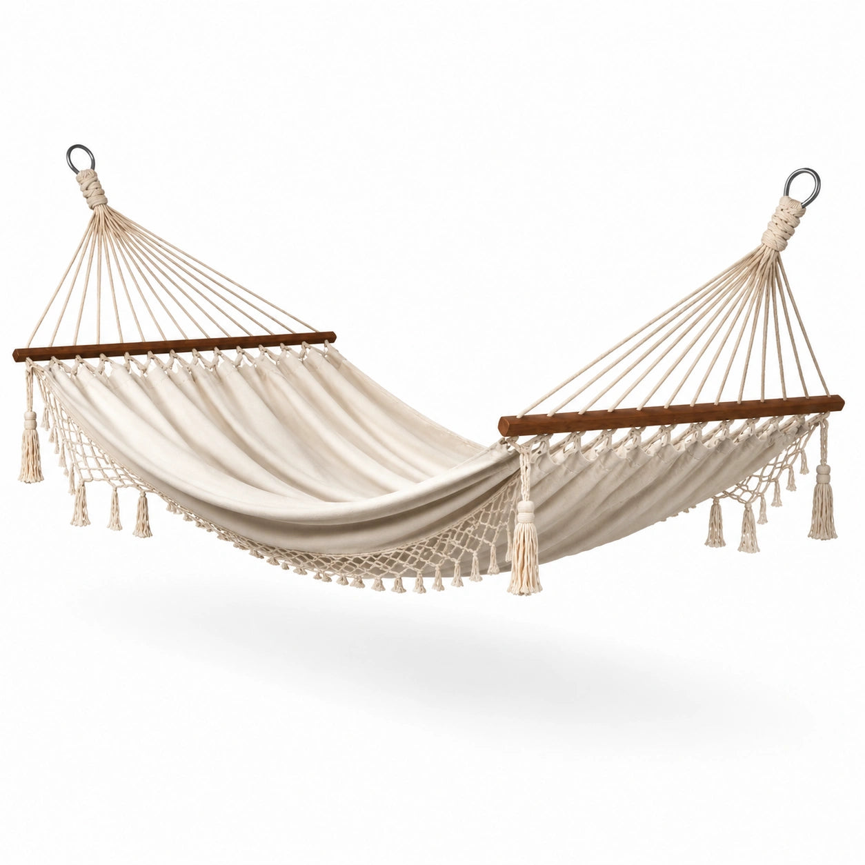 Baumwoll-Hängematte mit Holzstäben 200x150 cm Creme