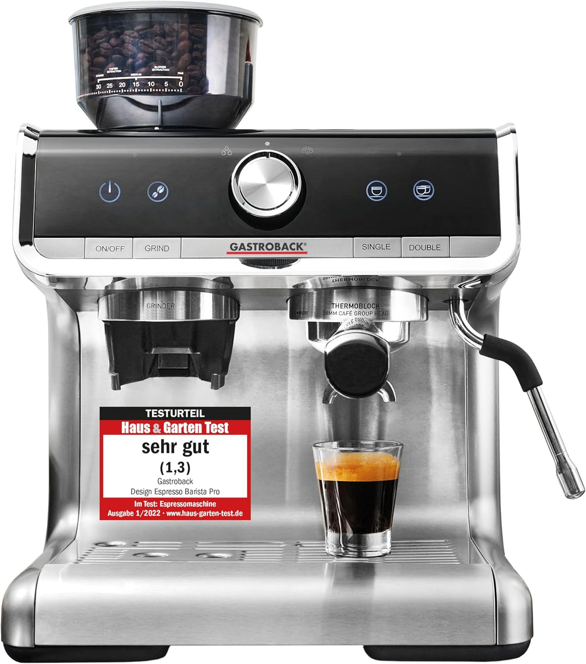 GASTROBACK, Kaffeemaschine, Espresso Siebträgermaschine mit Mahlwerk inkl. Milchkännchen, Tamper und Edelstahl Siebträger - Barista mit Milchschäumer