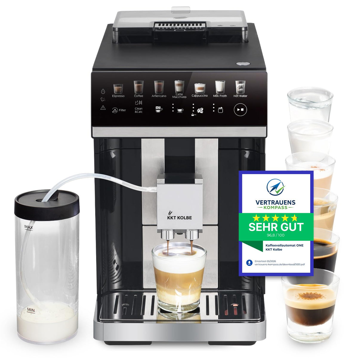 KKT KOLBE, Kaffeevollautomat, 15 Bar, One mit Milchbehälter, Milchschaumdüse und Zubehör, 2 Tassen Funktion, 7-stufiges Mahlwerk