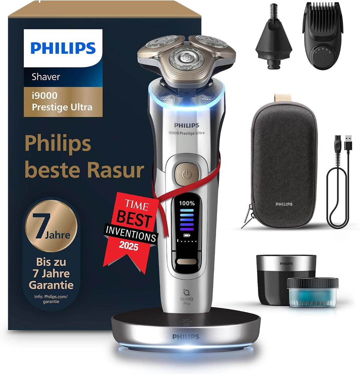 PHILIPS, Elektrorasierer, Rasierer i9000 Prestige Ultra für Herren, Nass- und Trockenrasur, chrom, Druck- und Bewegungssensor