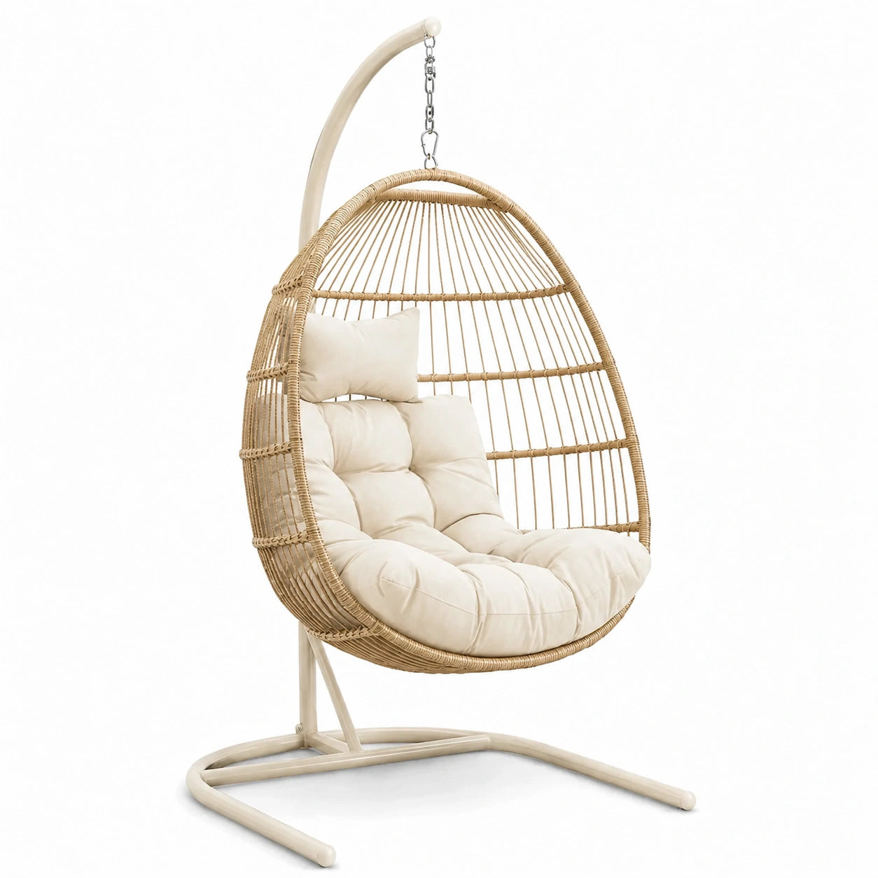 Hängesessel Rattan Beige mit Kissen und Stahlgestell