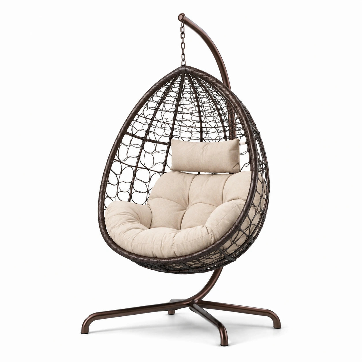 Hängesessel Rattan Stahl Dunkelbraun Beige Kissen 100x100x195 cm