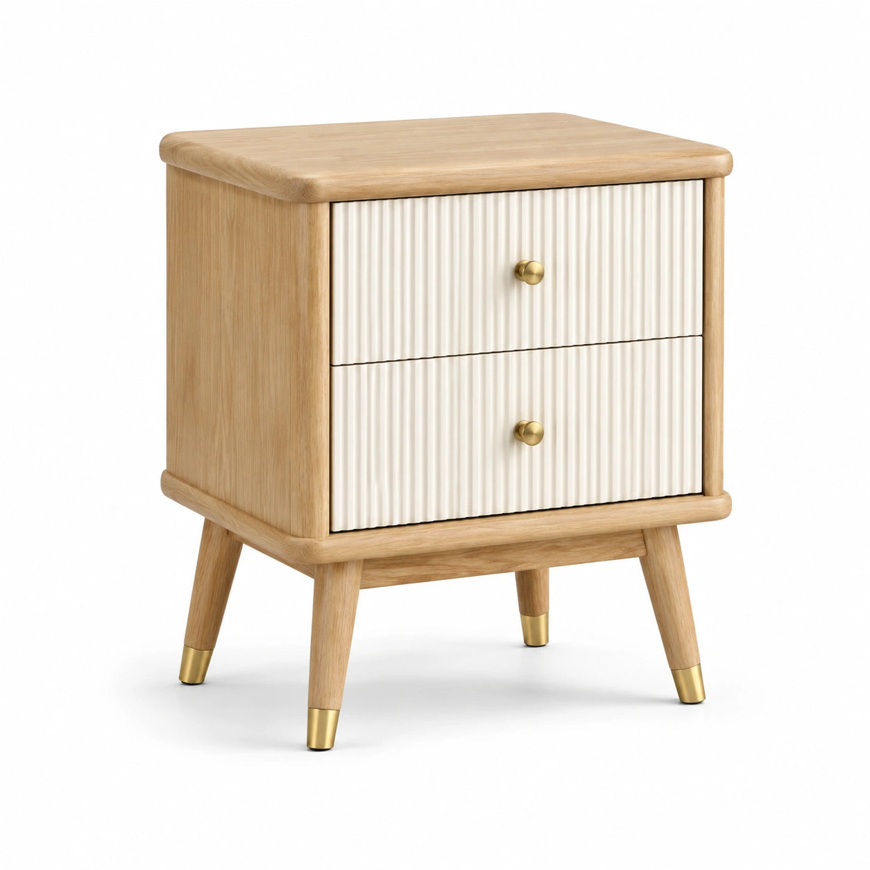 Nachttisch aus Eichenholz und MDF mit 2 Schubladen, Beige