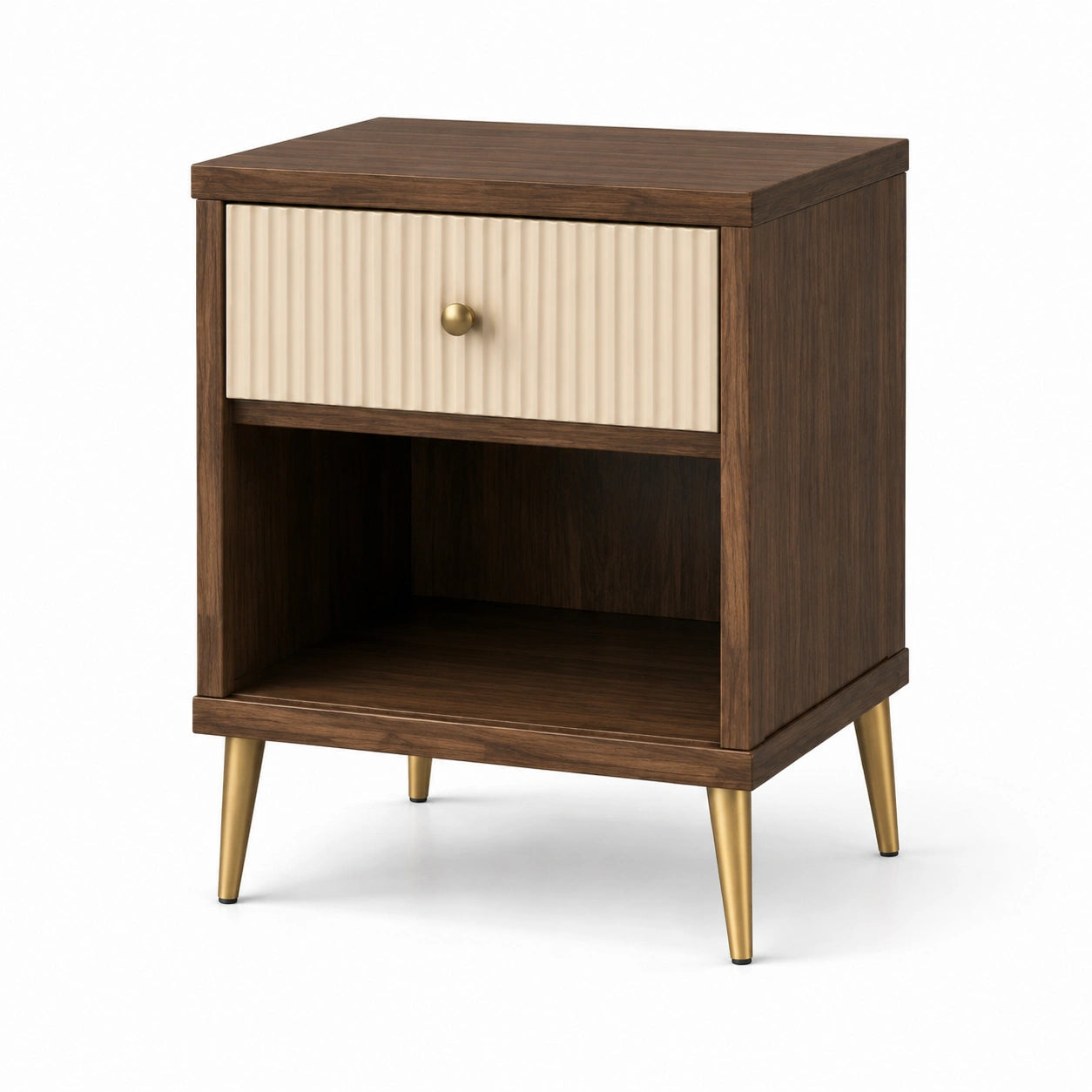 Nachttisch aus MDF-Holz mit Schublade und Regal, Braun und Beige
