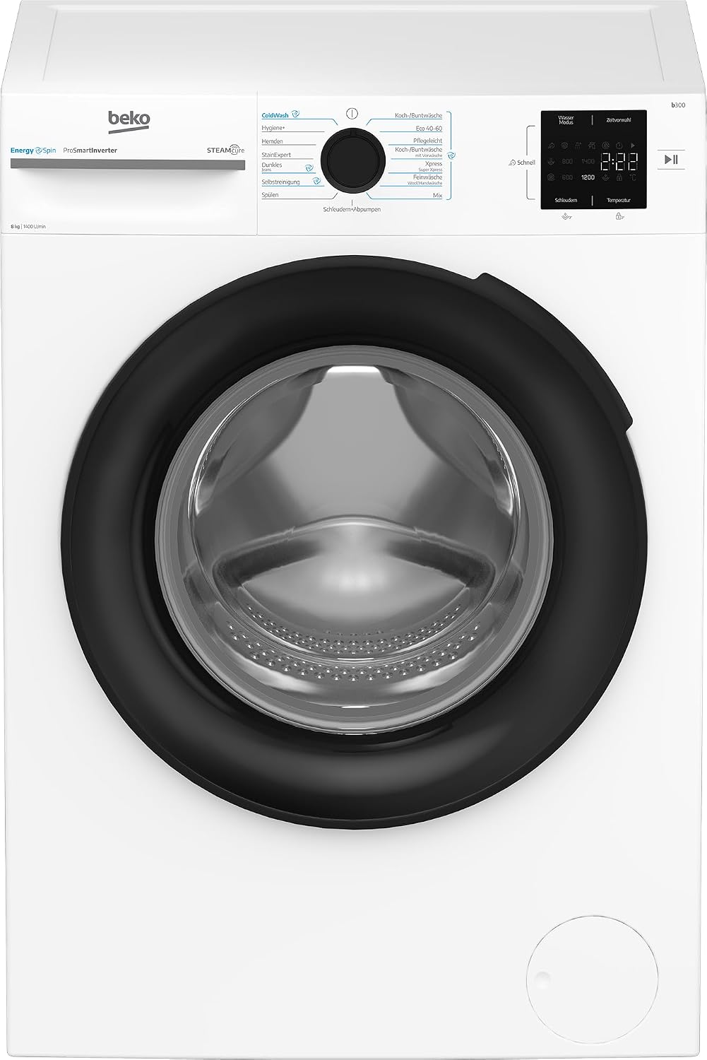Beko, Waschmaschine, 8 kg, BM3WFU3841X freistehend, Waschvollautomat, EnergySpin, Schleuderwahl 1400 U/min, Dampffunktion