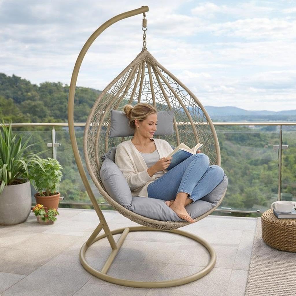 ESTEXO, Hängesessel, ESTEO mit Gestell Polyrattan Hängekorb Rattan Hängestuhl