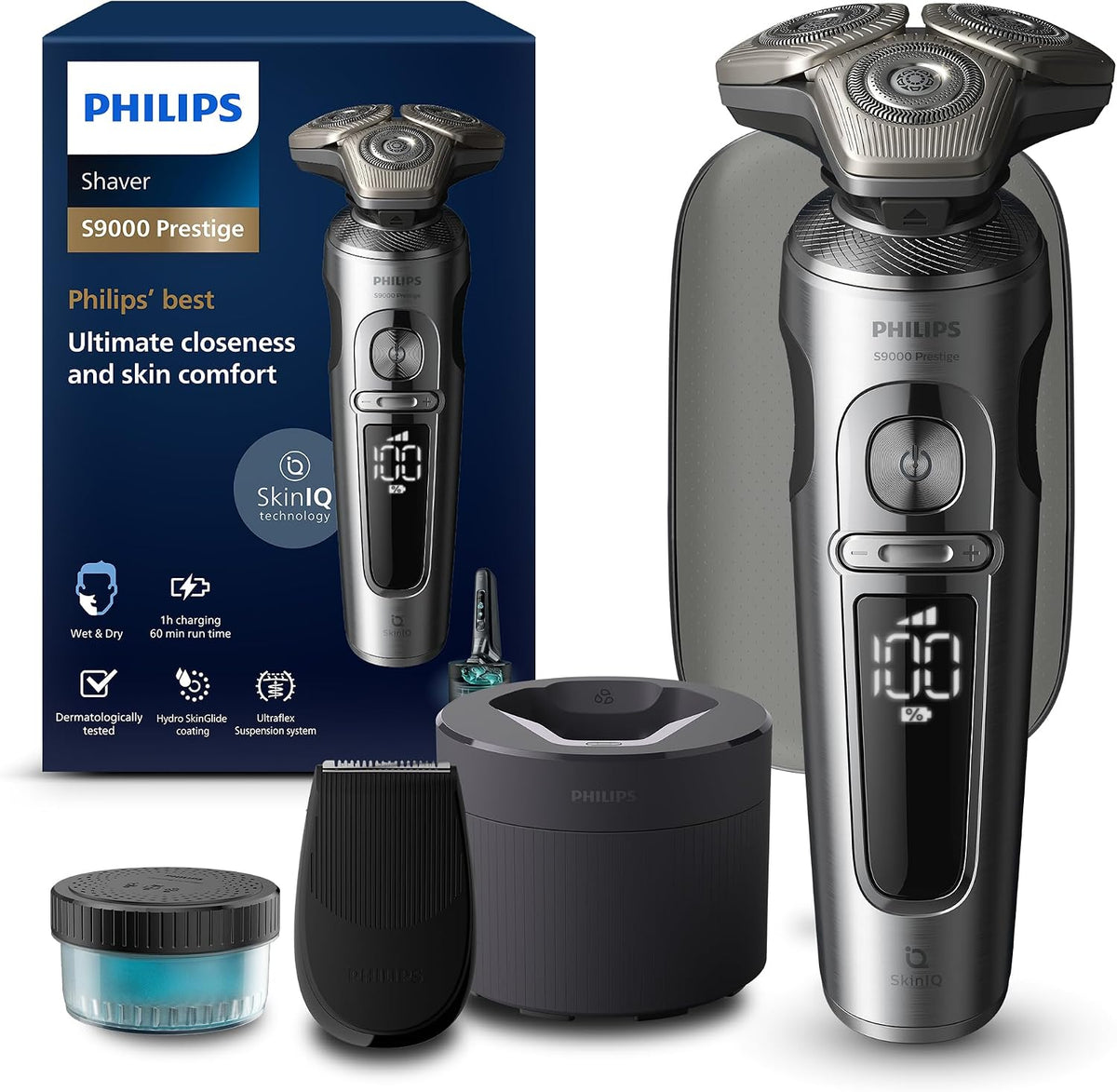 PHILIPS, Elektrorasierer, Shaver S9000 Prestige, elektrischer Nass- & Trockenrasierer für Herren, helles Chrom