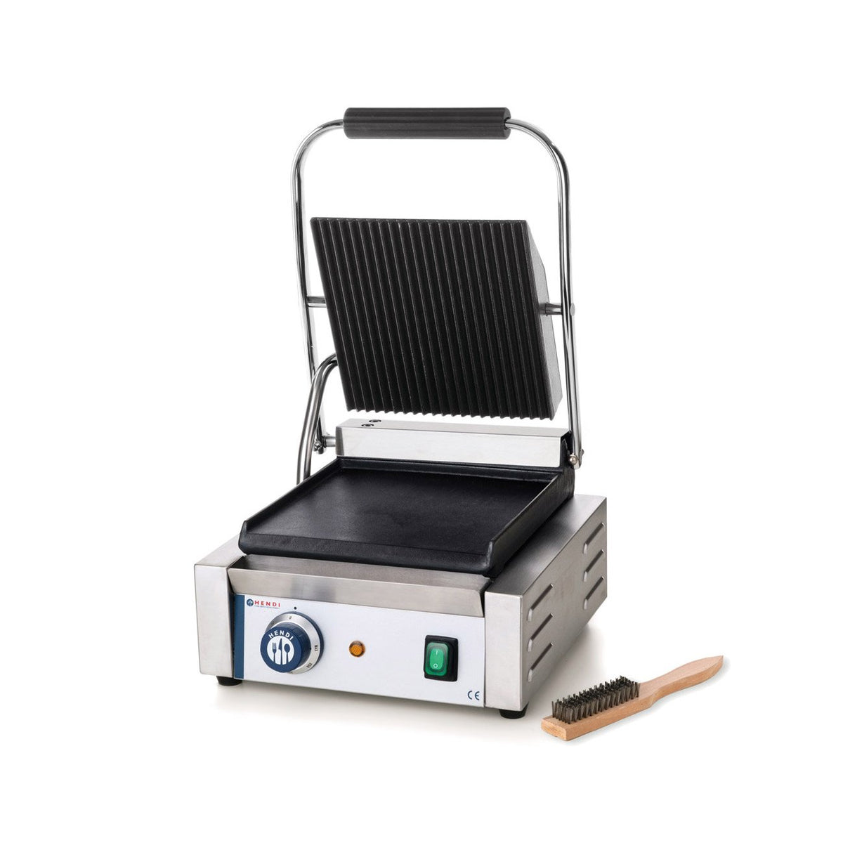 HENDI, Elektrogrill, 1800W, 216mm, 230V, Kontaktgrill, einzeln, oben gerillt und unten glatt, inkl. Grillreinigungsbürste