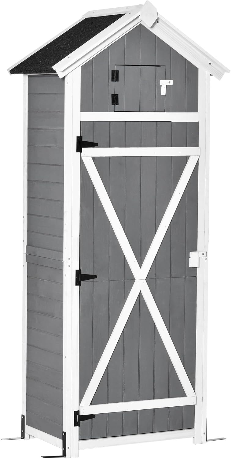 Outsunny, Gerätehaus, 78x52,5x182cm, Gartenschrank Holz Wetterfest Tür Grau