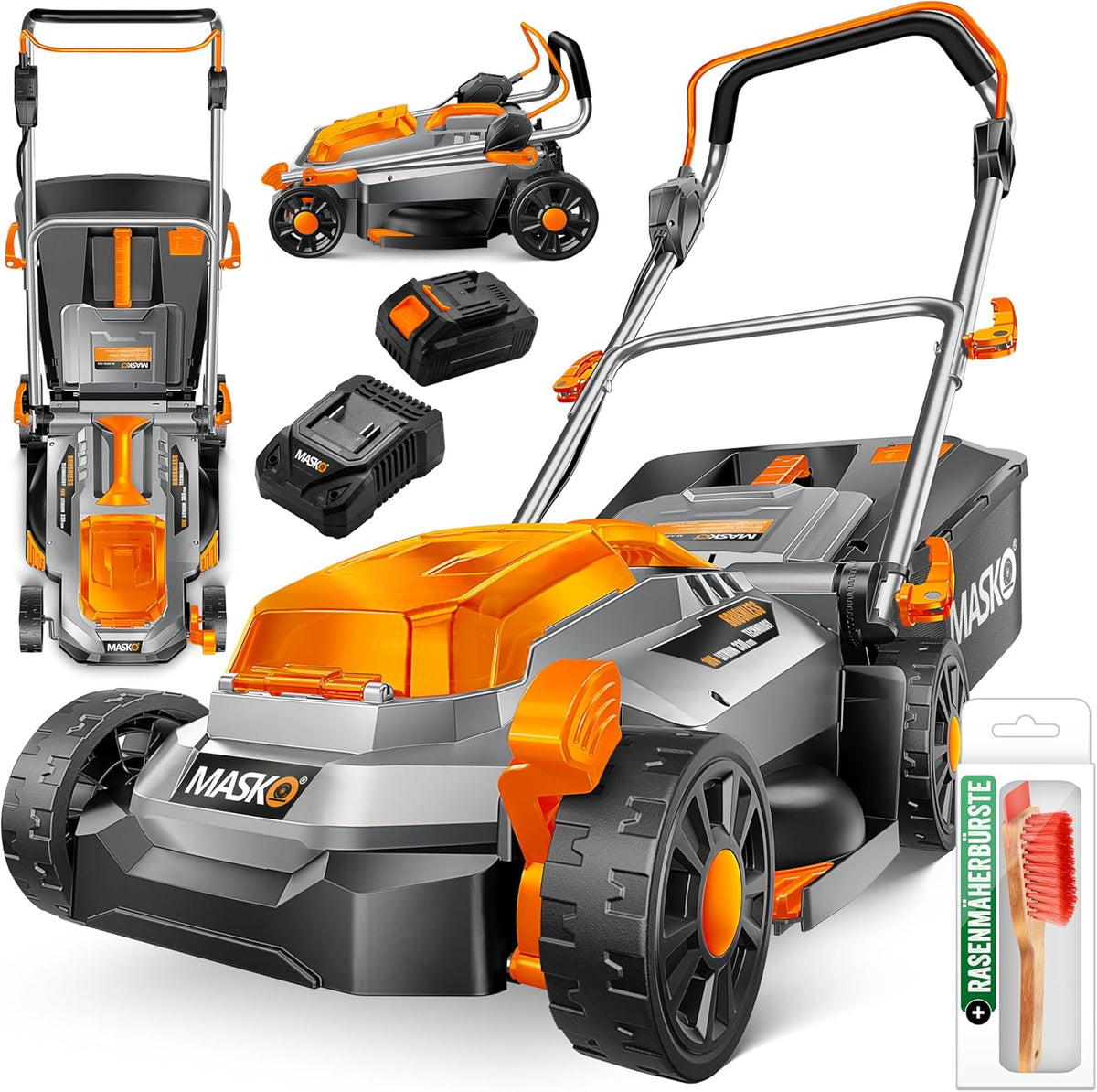 MASKO, Rasenmäher, 33cm, 150m, 4Ah, 30L, ® Akku mit Mulchfunktion, Akku Li-Ion Batterie & Ladegerät Rasentrimmer