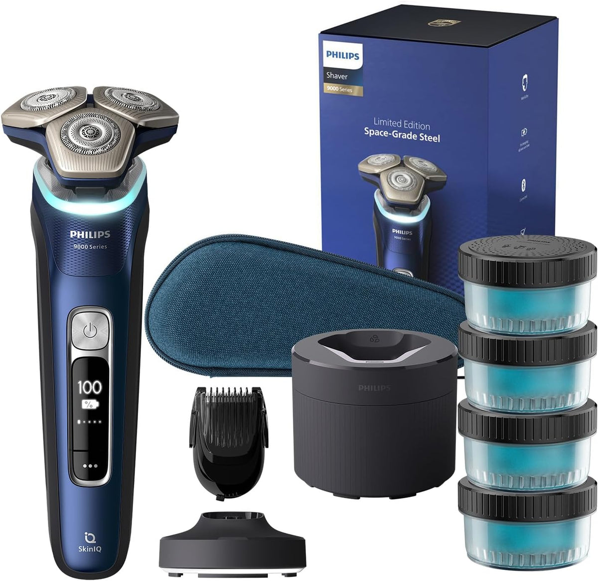 PHILIPS, Elektrorasierer, Shaver Series 9000, Elektrischer Nass-und Trockenrasierer für Männer in Blau, SkinIQ Technologie