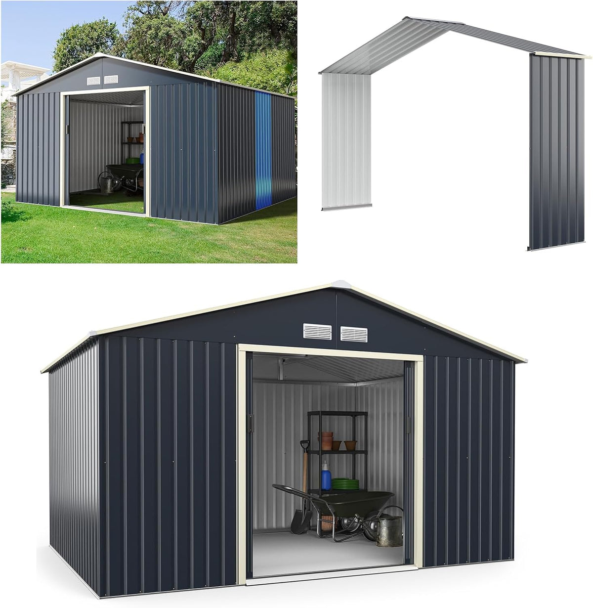 Gerätehaus, COSTWAY, 340 x 319 x 210 cm, lackierter Stahl, Metall, Erweitert-, Geräteschuppen abschließbar mit 4 Luftschlitzen & Schiebetür