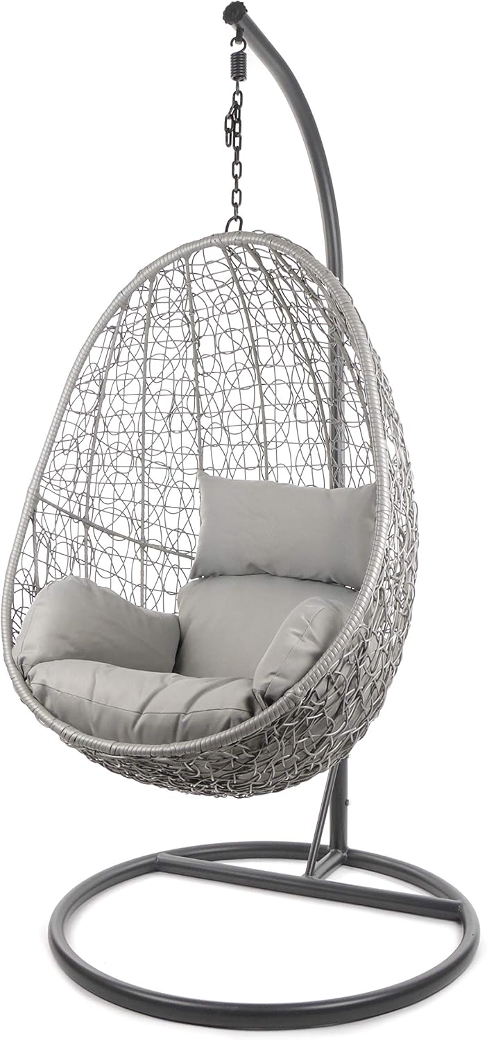 Hängesessel, Kideo, Komplettset: mit Gestell & Kissen, Korbsessel, Poly-Rattan (Gestell- und Korbfarbe: grau, Kissen: grau Nest (8008 Cloud))
