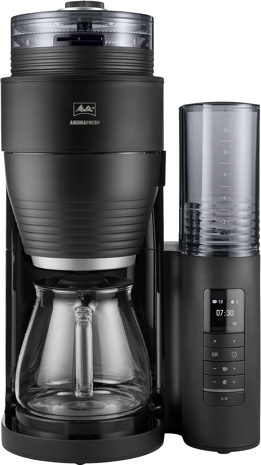 Melitta, Kaffeemaschine, AromaFresh Pro X, Filter mit integriertem Mahlwerk, entnehmbarem Wassertank, Glaskanne und Timer-Funktion