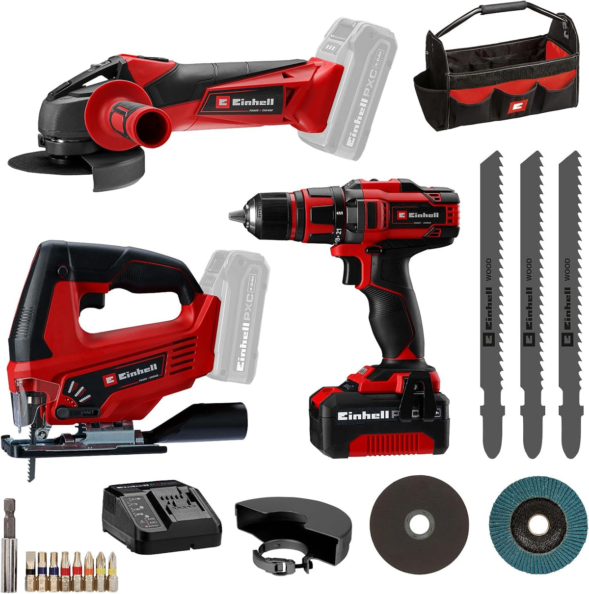 Einhell, Akkuschrauber, 4,0 Ah, 18 V, Bohrschrauber TE-CD 18/40 + Winkelschleifer TC-AG 18/115 +, inkl. 1 x Akku