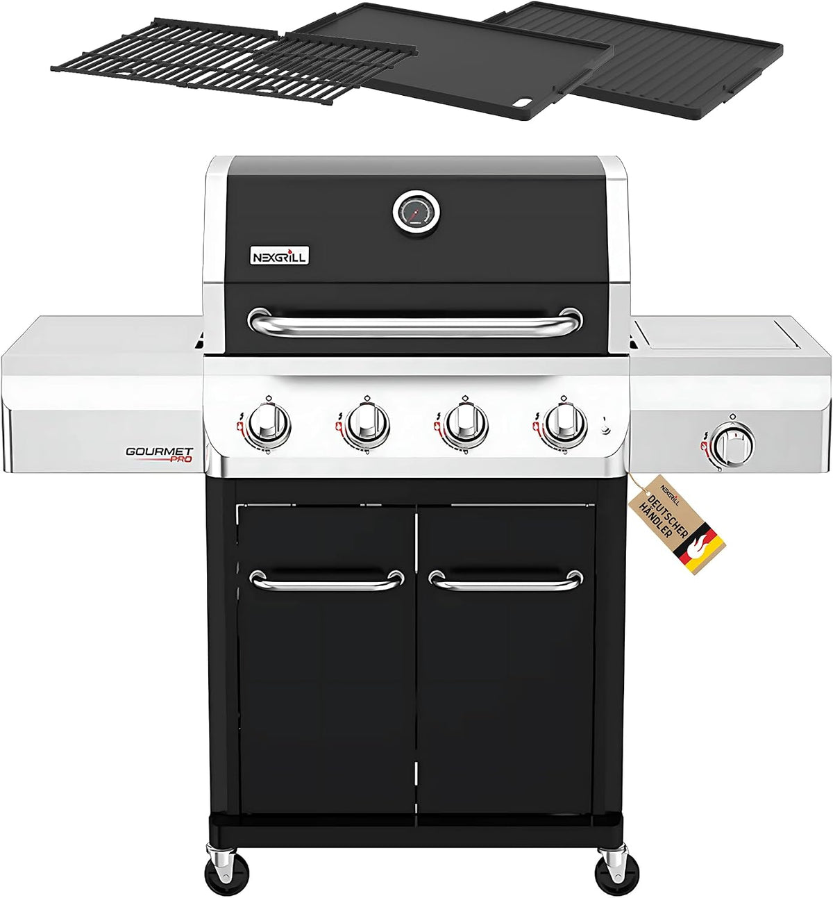 Nexgrill, Kochfeld, Gourmet Pro 4-Brenner Gasgrill mit Seiten & Plancha, Edelstahl Gasgrill mit porzellanbeschichteten