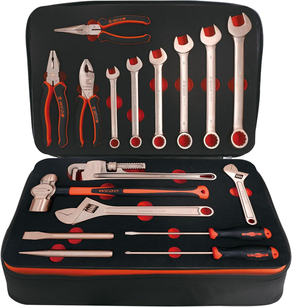 WEDO, Werkzeug-Sets, Funkelfreies Werkzeug-Set, 17-teilig, Funkenfreies Sicherheitswerkzeug-Set mit Hammern, Schraubendrehern