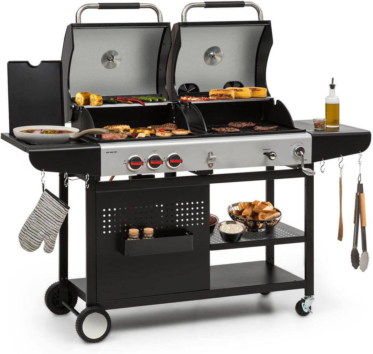 Klarstein, Gasgrill, 8,5 kW, 11 kg, Hot & Hot Kombigrill - 2in1-System: Gas-/Kohlegrill, 3 Edelstahlbrenner, Leistung