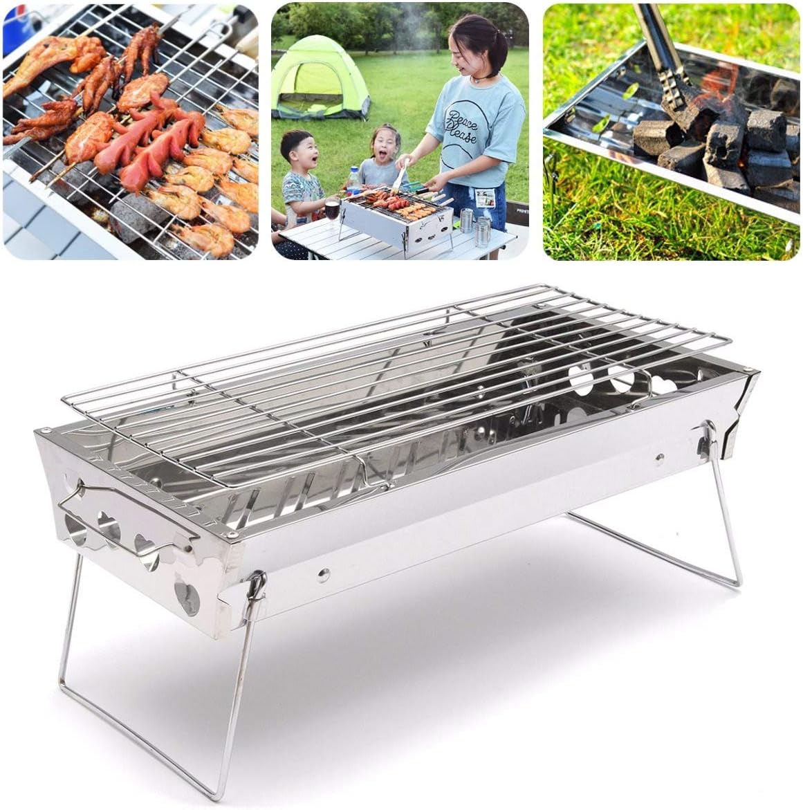 MYVVKIA, Holzkohlegrill, Edelstahl, Silber, Edelstahlgrill, tragbarer Grill Smoker Klappbarer für Familiencamping