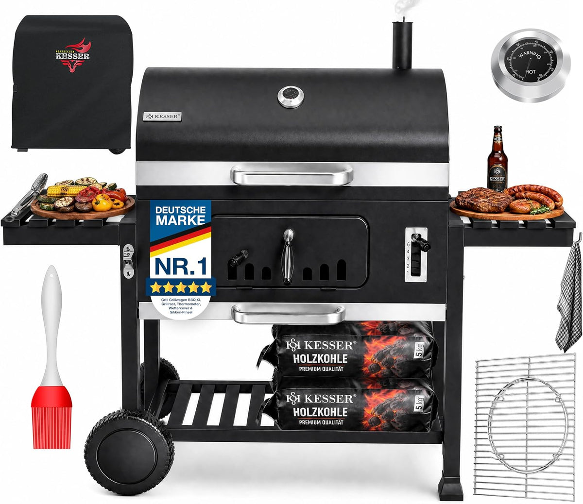 KESSER, Holzkohlegrill, ® XXL Grillwagen Set mit Deckel & Thermometer, großer BBQ Kohlegrill Wagen, Smoker Grill mit Kamin & Lüftung