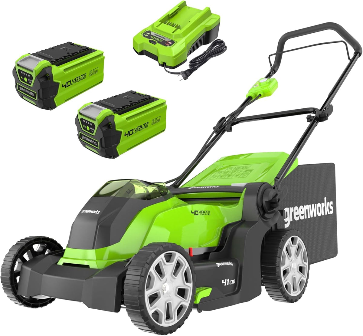 Greenworks, Rasenmäher, 500 m, 41 cm, 40 V, 40V, Kabelloser Akku für Flächen bis zu ², Schnittbreite, 50-Liter-Sack PLUS zwei 2Ah-Akkus mit Ladegerät