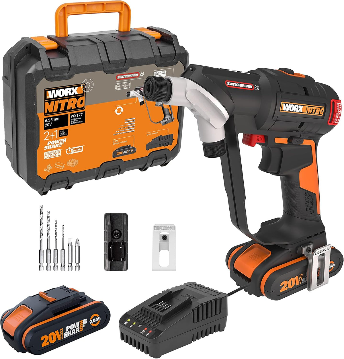 WORX, Akkuschrauber, 20V, WX177 Akku-Bohrschrauber Switchdriver 2.0, inkl. Akkus & Ladegerät