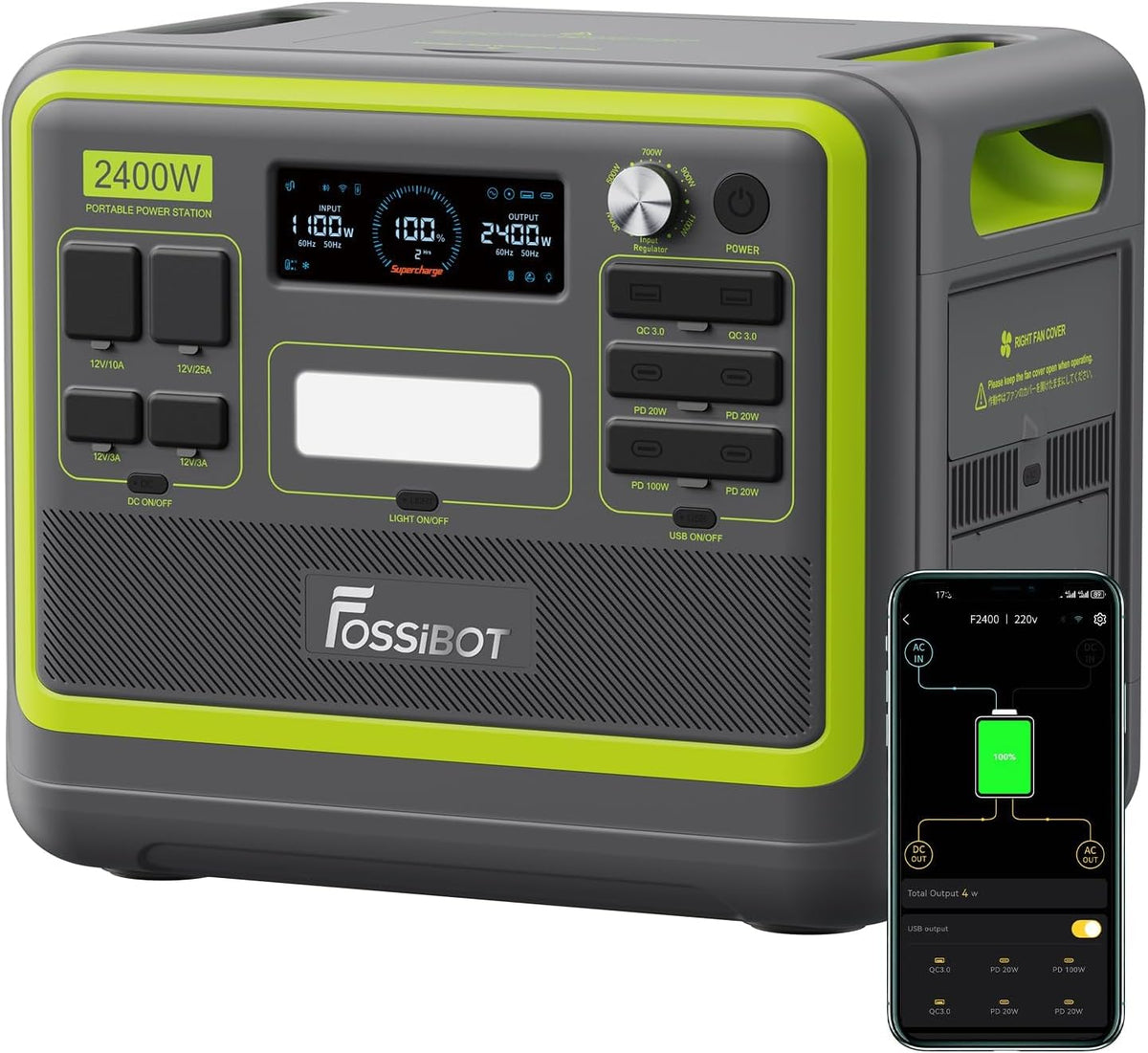 FOSSiBOT, Powerstation, 2048Wh, 2400W, 4800W, 230V, Solargenerator, Tragbare F2400 mit Lifepo4, Solargenerator ( Spitze) 3 AC Ausgängen