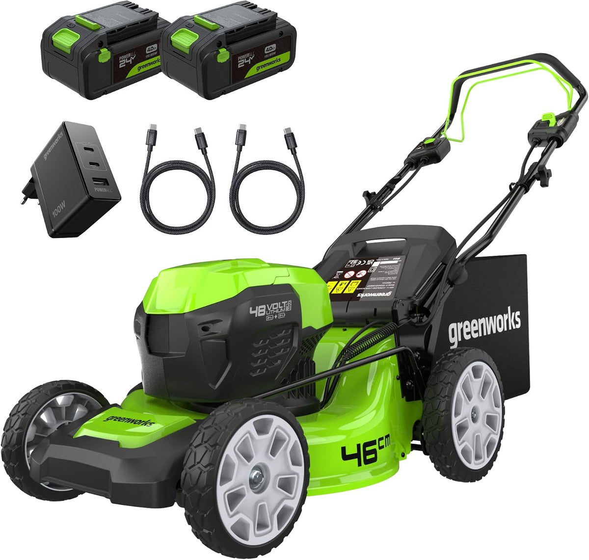 Greenworks, Rasenmäher, 480m, 46cm, 48V, 24V, Selbstfahrender Akku ( x 2) bis zu ², Schnittbreite, 3 Jahre Garantie