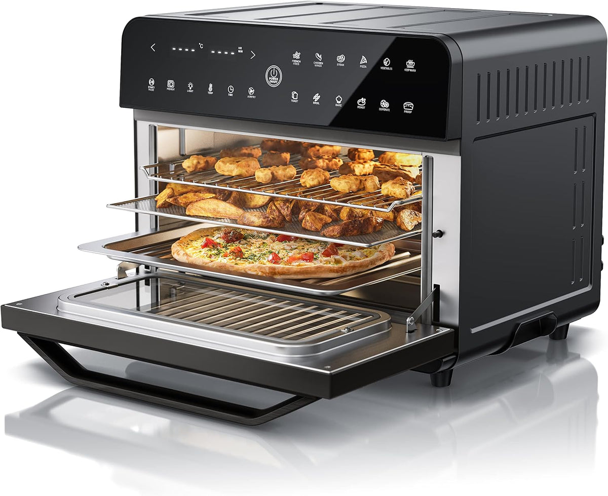 Arendo, Backofen, 25 Liter, Heißluftfritteuse Edelstahl - Multifunktionsofen - mini -, Dörrblech, Ofenrost, Frittierkorb - BPA-frei