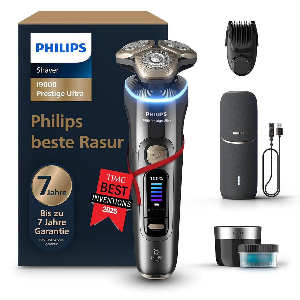 PHILIPS, Rotationsrasierer, Rasierer i9000 Prestige Ultra, elektrischer Nass- und Trockenrasierer für Herren, Druck- und Bewegungssensor