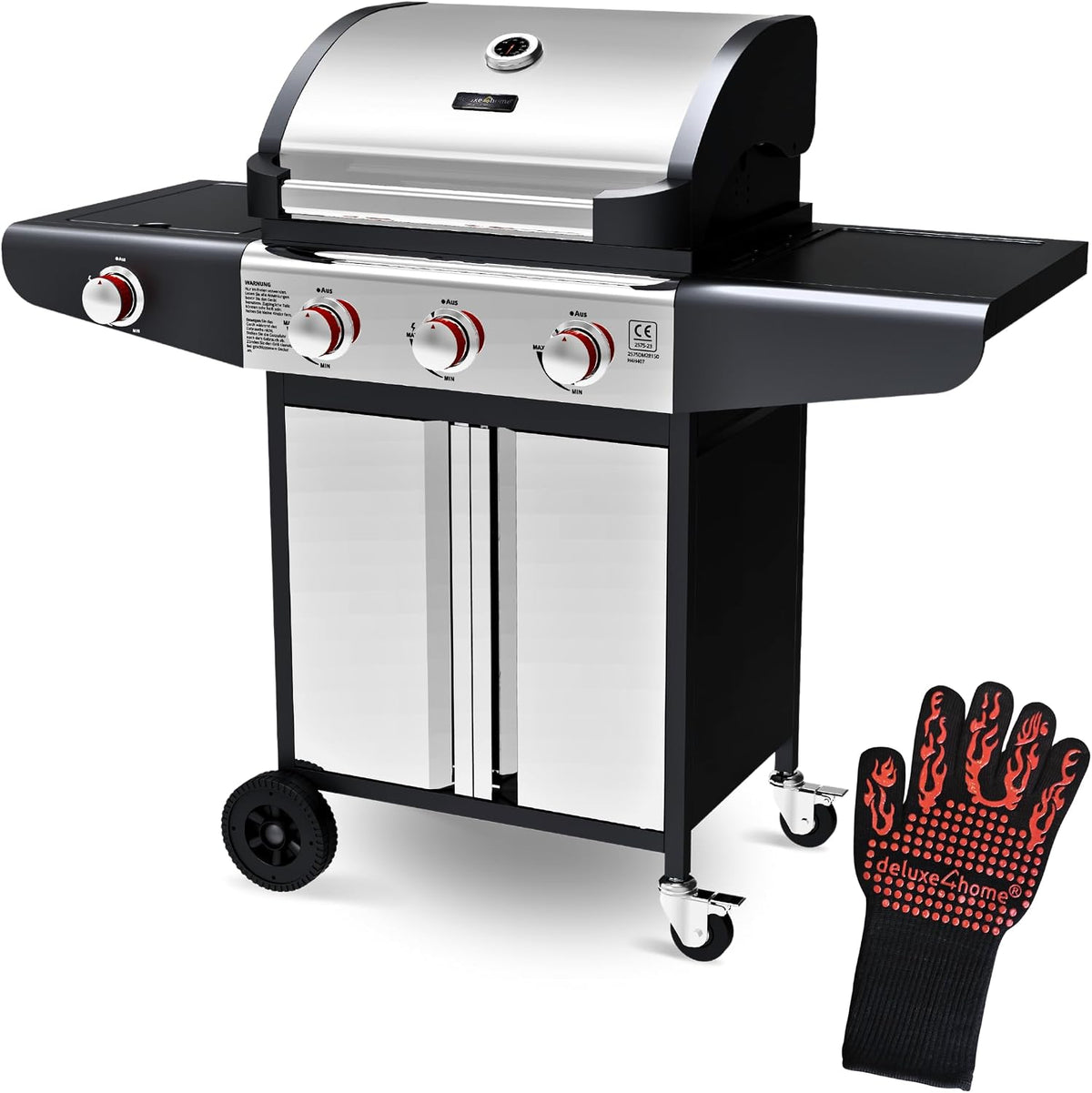 deluxe4home, Gasgrill, BBQ Grillwagen mit Deckel I 3+1 Seitenbrenner XXL Grill