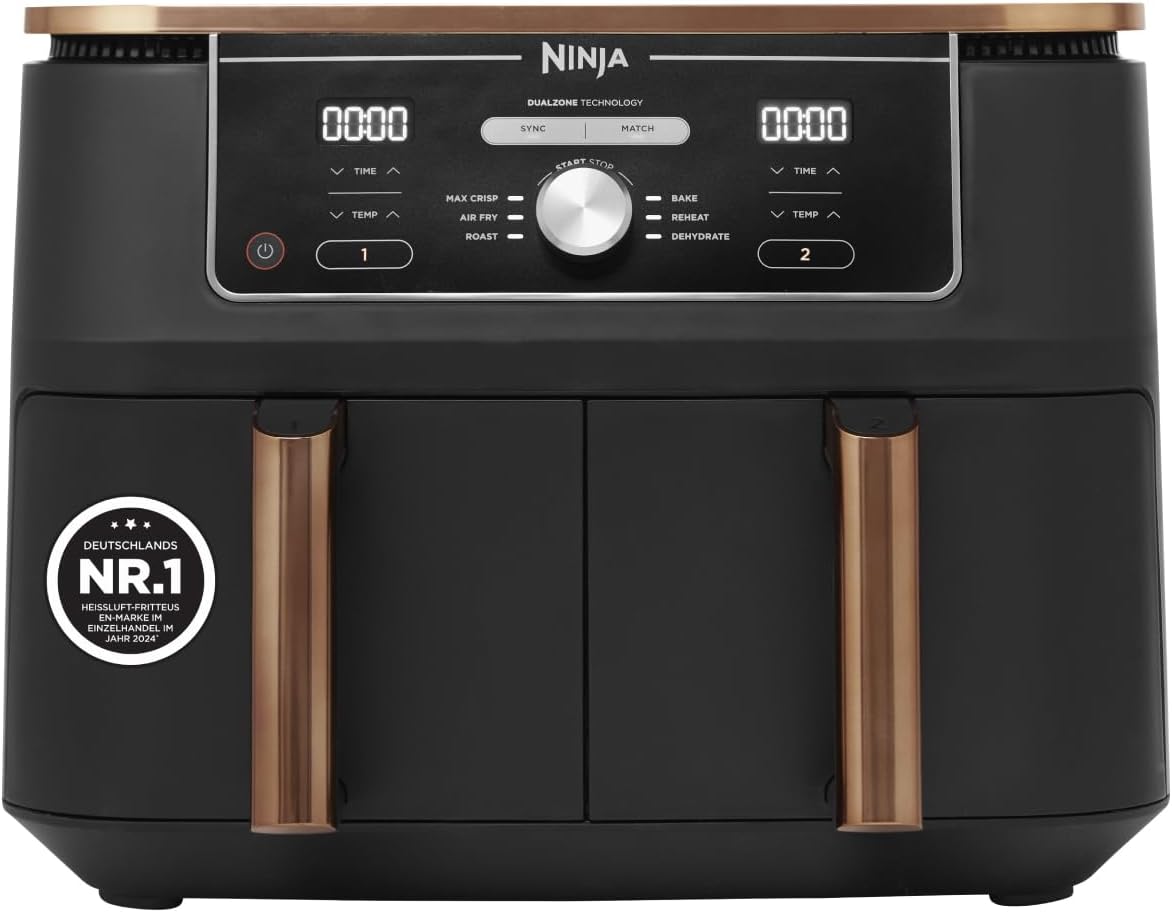 Ninja, Heissluftfritteuse, 9,5L, Foodi MAX Dual Zone Heißluftfritteuse, Airfryer, 2 Fächer, mit Zange, Antihaftbeschichtung