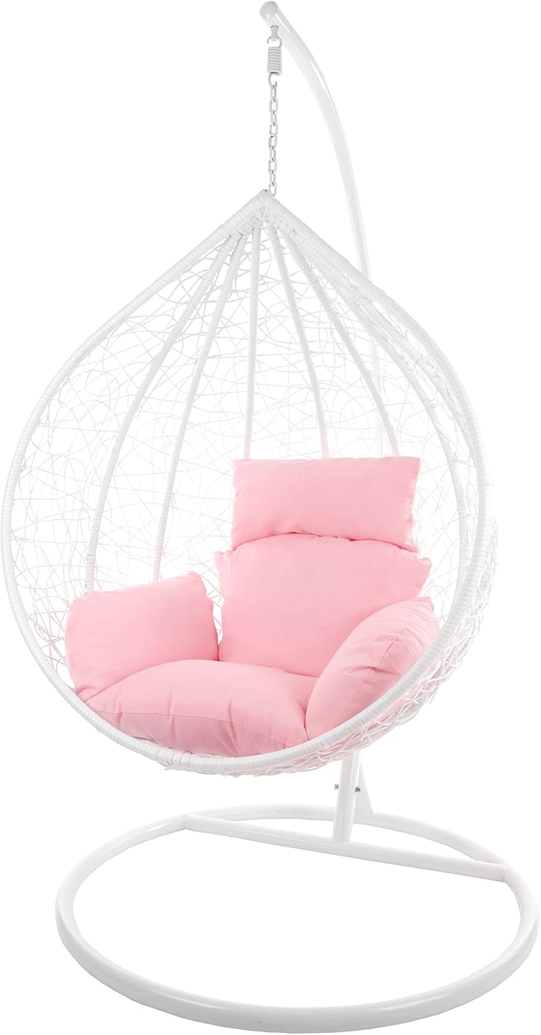 Kideo, Hängesessel, Komplettset: großer mit Gestell & Kissen, Korbsessel, Poly-Rattan (Korb & Gestell: weiß, Kissen: rosa Nest (3002_Lemonade))