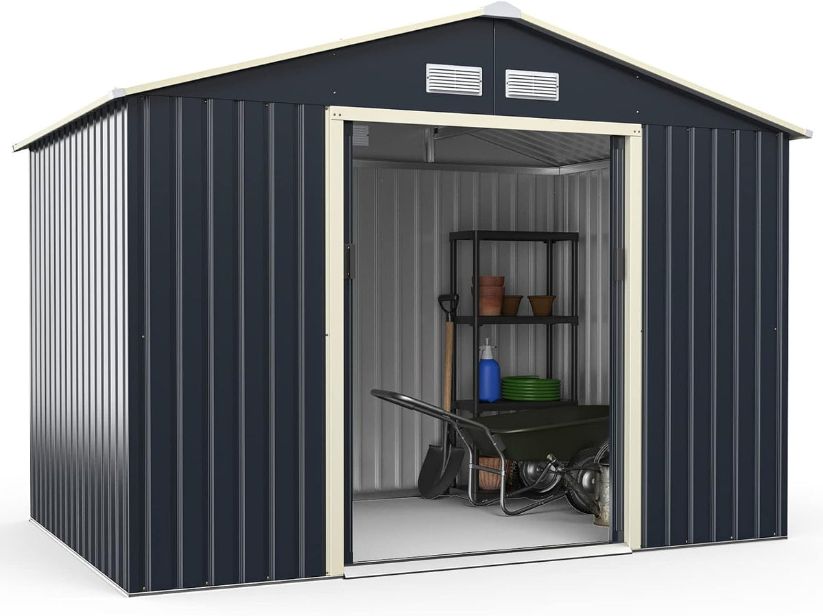 Gerätehaus, COSTWAY, 277x191x202 cm, lackierter Stahl, Grau, Metall, Geräteschuppen abschließbar, Gartenhaus mit 4 Luftschlitzen & Schiebetür