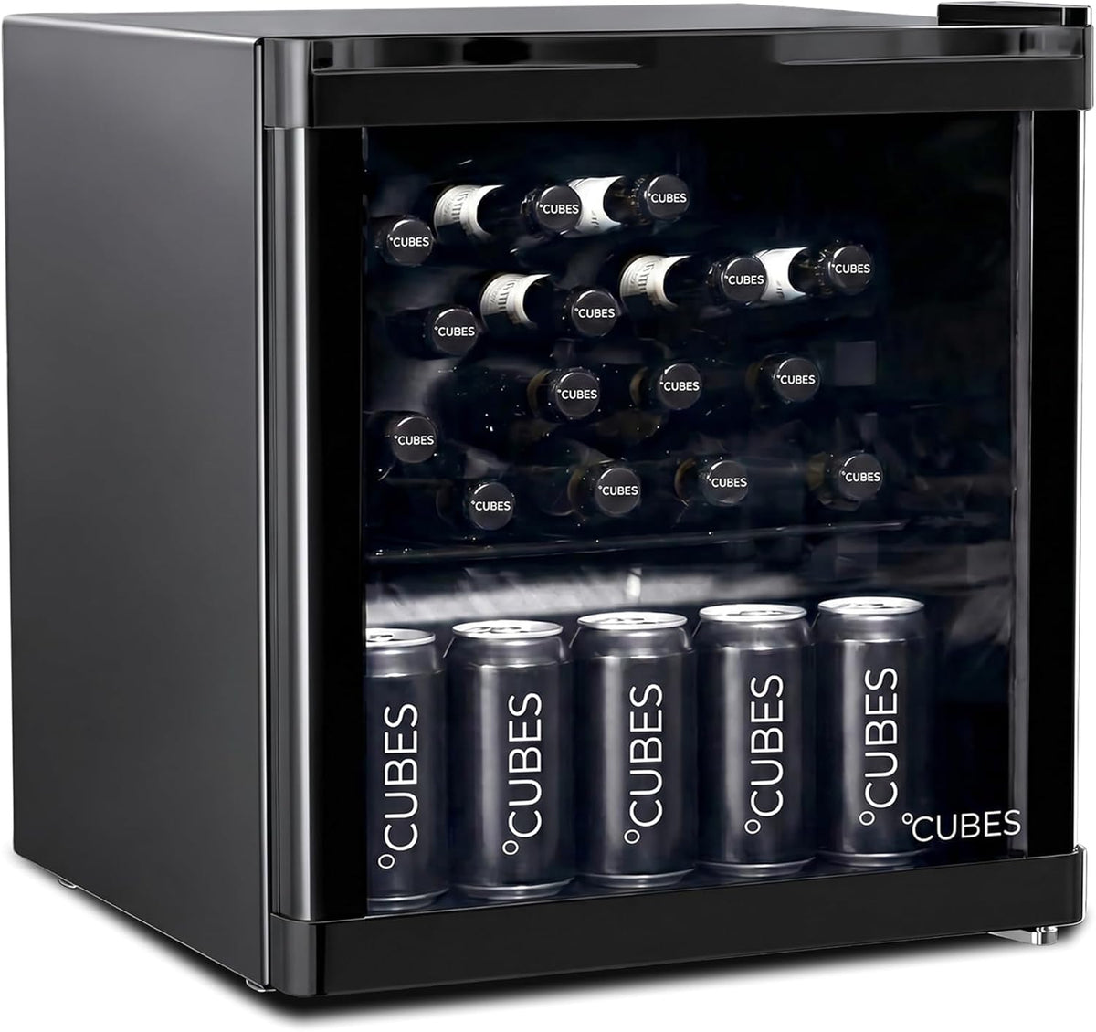 °CUBES, Mini-Kühlschrank, 48 L, Mini Kühlschrank Schwarz, Eleganter Getränkekühlschrank mit Glastür & 1 variabler