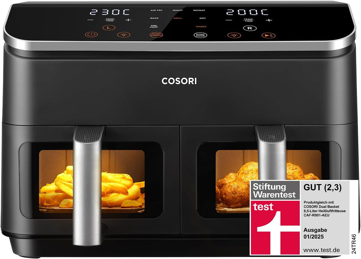 Cosori, Heissluftfritteuse, 8,5L, Airfryer, Testsieger der Stiftung Warentest, Heißluftfritteuse 2 Kammern, mit Sichtfenster
