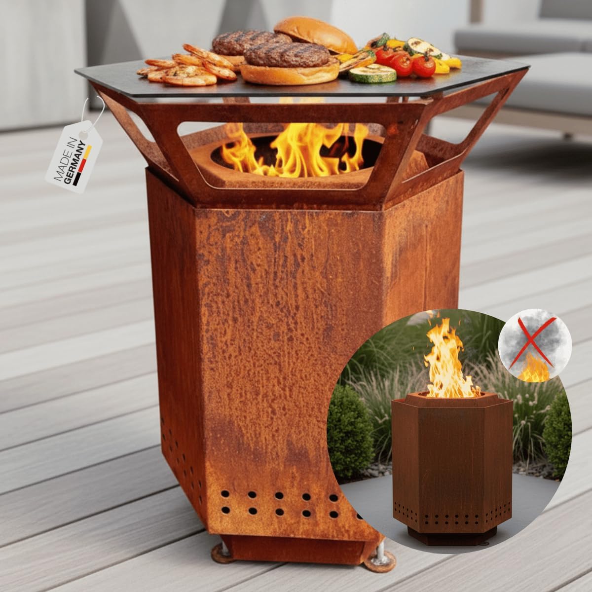 Terma, Holzkohlegrill, 75x88 cm, 2IN1 Smofree 2.0 XXL Feuerstelle rost Patina inkl