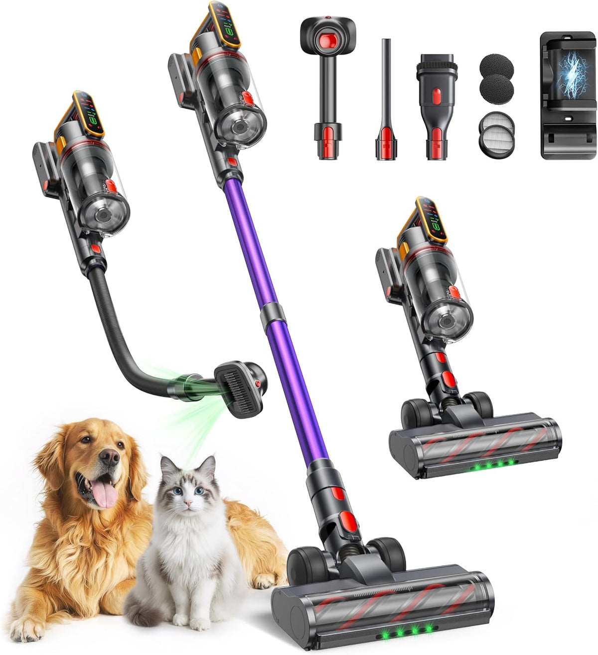 Fieety, Stabstaubsauger, 600W, 1M, Akku Staubsauger /50kPa/65Min, Staubsauger Kabellos mit Tierpflegebürste, Schlauch