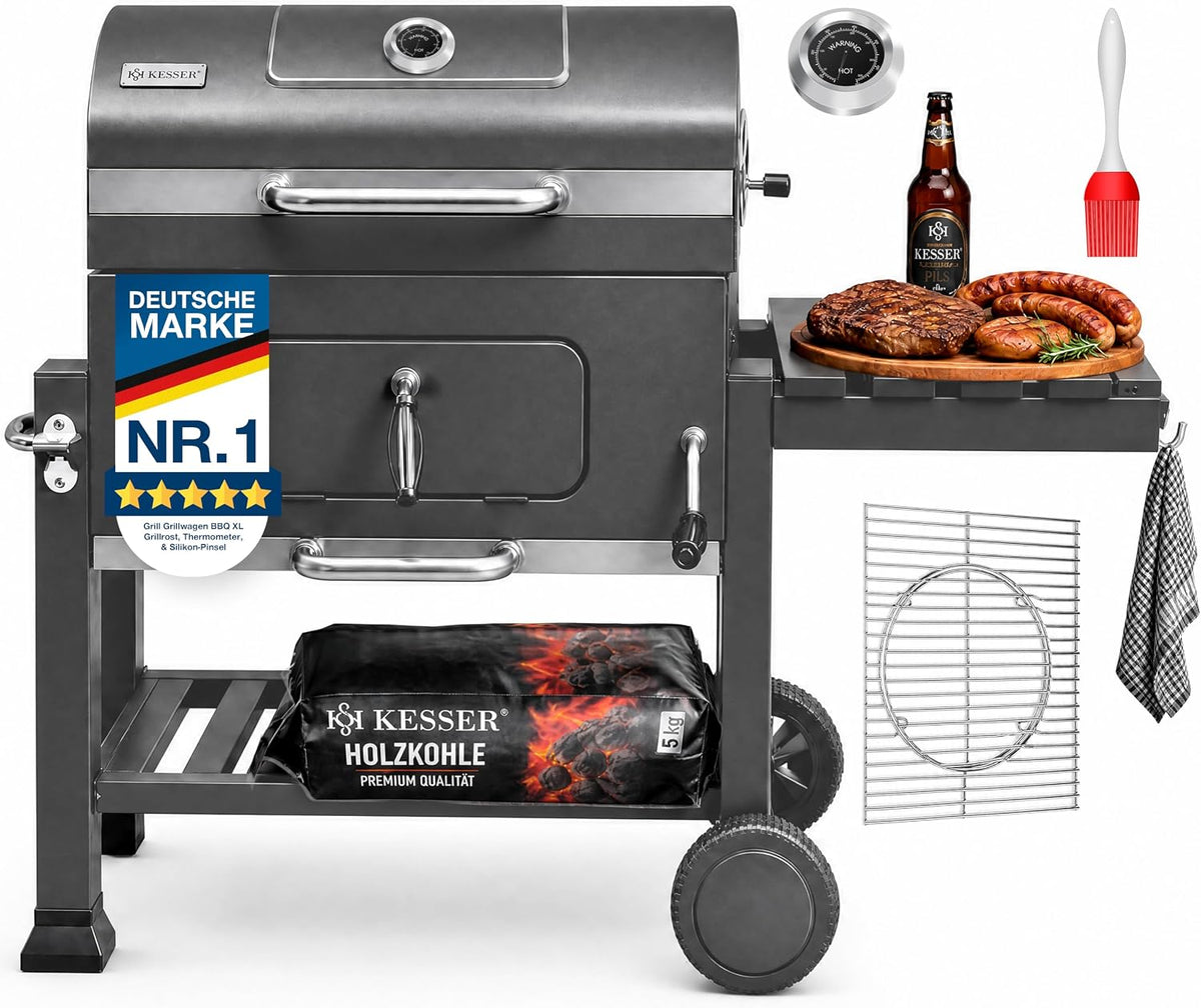 KESSER, Holzkohlegrill, ® Grill Grillwagen BBQ Smoker XL mit Deckel, Rädern, Edelstahl-Griff, Grillrost, Thermometer